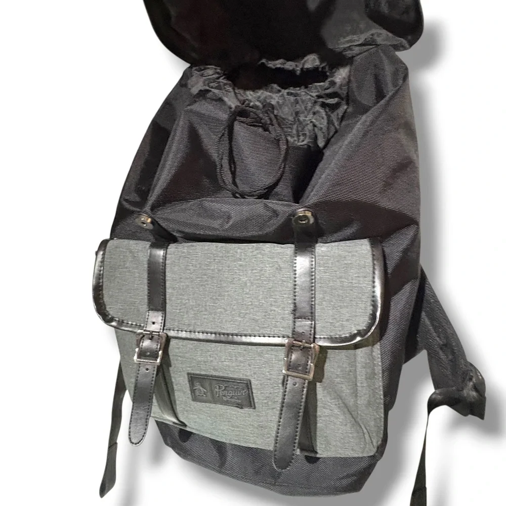 Original Penguin Black Grey Canvas Rucksack Backpack Laptop Sleeve Buckle Strap